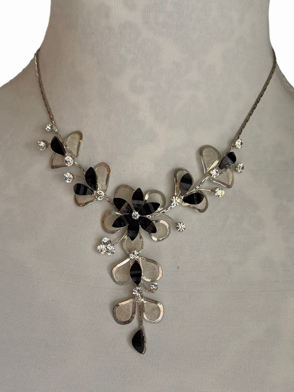 Black & Silver Floral Statement Necklace with Rhinestones | Vintage Inspired